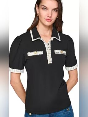 Karl Lagerfeld Black Short-Sleeve Polo Top w/ Cream Tweed Trim And Pearl Buttons